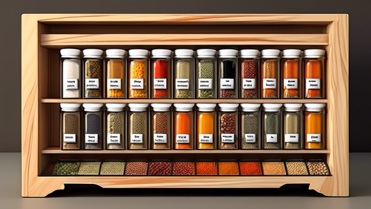 Create an image of a modern and sleek spice rack with five different compartments, each labeled with a different spice name. Each compartment should be neatly organized with a variety of spice containers or jars in uniformity, showcasing a well-organ