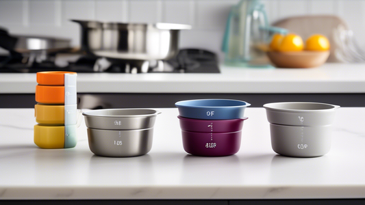 Create an image of a set of compact measuring cups designed for tiny kitchens. The measuring cups should be efficient and easily stackable, taking up minimal space in a small kitchen. The design should be sleek and modern, with measurement markings c