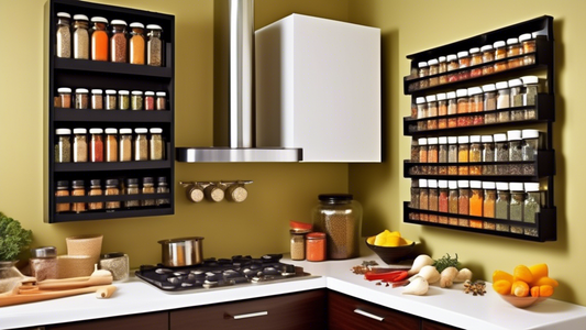 Produce an image of a modern, stylish spice rack adorning a kitchen wall. The spice rack should be beautifully designed and organized, with various spices and herbs neatly displayed in labeled jars or containers. The spices should be a colorful array