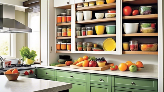 Create an image of a small kitchen with limited counter and cabinet space, featuring innovative space-saving kitchen organizers such as magnetic knife strips, under-shelf baskets, pull-out pantry shelves, and hanging fruit baskets. Show how these org