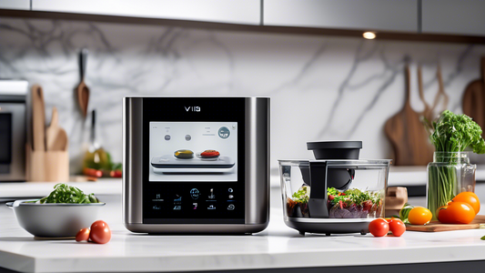 Create an image of a modern, sleek kitchen counter showcasing the 5 must-have kitchen gadgets for tech-savvy chefs. Include items like a smart sous vide machine, a precision food scale with an integrated app, a high-tech air fryer, a smart multi-cook