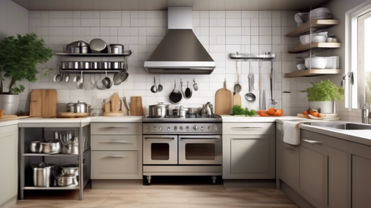 Create an image of a small, cozy kitchen interior with compact stainless steel cookware sets neatly arranged on the countertops. The cookware should be shiny and sleek, showcasing a variety of pots, pans, and utensils, all designed to efficiently fit