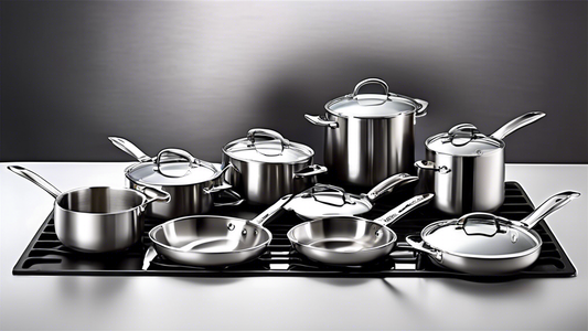 Create an image of a modern and sleek kitchen countertop filled with the top 7 stainless steel cookware sets for home chefs, showcasing a variety of pots, pans, and kitchen utensils gleaming under the light. Each set should be arranged neatly to high