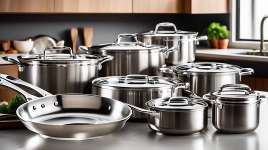 Create an image of a variety of stainless steel cookware sets lined up on a kitchen counter, with each set showcasing different pots, pans, and lids. The image should highlight the sleek and modern design of the cookware, with a focus on their durabi