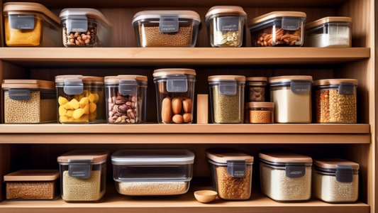 Create an image of a neatly organized kitchen pantry filled with stackable glass food storage containers of various sizes holding an assortment of ingredients such as grains, pasta, nuts, and dried fruits. The containers are arranged in an orderly fa