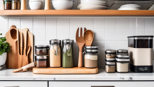 Create an image of a well-organized kitchen counter featuring the top 5 must-have kitchenware solutions for meal prep organization. Include items such as a magnetic knife holder, stackable storage containers, labeled spice jars, a cutting board with 