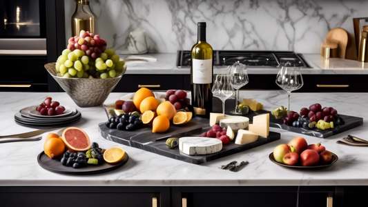 Create an image of a beautifully styled kitchen with must-have accessories for home entertaining, such as a marble charcuterie board, elegant wine glasses, a sleek cocktail shaker, stylish serving platters, and a variety of fresh fruits and cheeses d