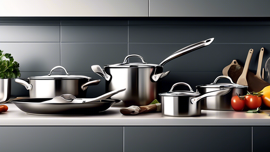 Create an image of a stylish and modern kitchen with a set of high-quality stainless steel cookware featuring silicone handles. Capture the sleek design of the cookware set, highlighting the durability and versatility of stainless steel. The image sh
