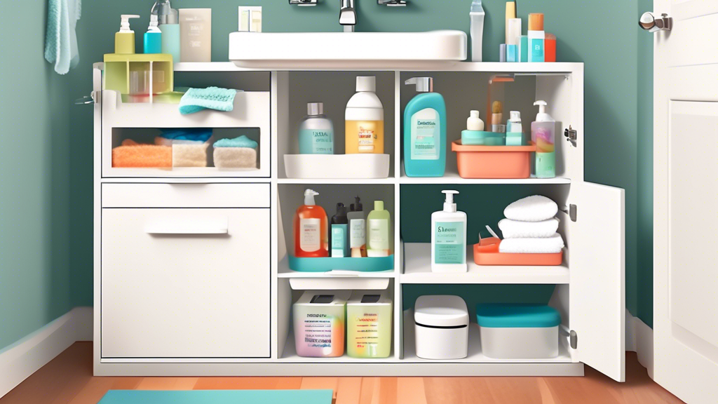 An image of a bathroom cabinet under the sink with various storage solutions such as stackable shelves, pull-out drawers, hanging baskets, labeled bins, and a sliding organizer, showcasing an organized and clutter-free space.