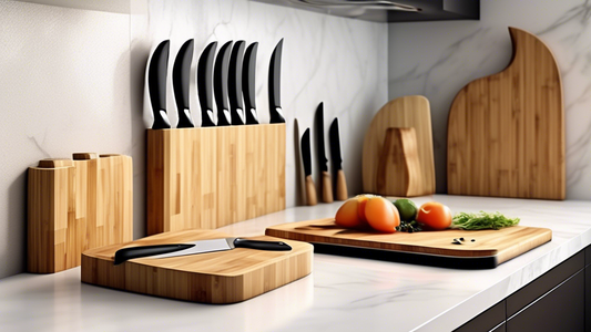 Create an image of a sleek, modern kitchen countertop with a set of bamboo cutting boards arranged neatly beside a stylish knife storage block. The cutting boards should vary in size and shape, showcasing the versatility of the set, while the knife b
