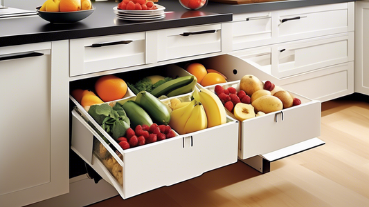 Create an image of a modern kitchen with innovative produce storage options. Show various tools or containers designed to keep fruits and vegetables organized and easily accessible in a sleek and stylish manner. Include elements like a hanging basket