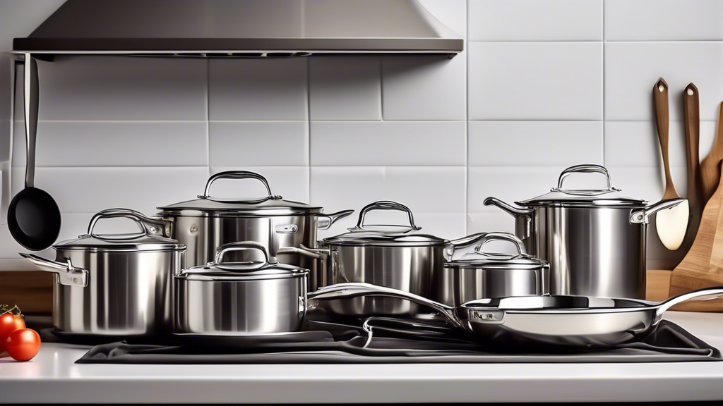 Create an image of a complete cooking setup featuring a high-quality stainless steel cookware set. The cookware should include pots, pans, and various sizes of utensils like spatulas, ladles, and serving spoons. The setting should be in a modern, wel