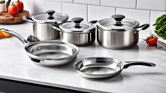 Create an image of a sleek and modern kitchen setting featuring the top 7 stainless steel cookware sets with innovative strainer lids. Display the cookware sets arranged neatly on a kitchen counter with the lids placed next to them elegantly. Ensure 