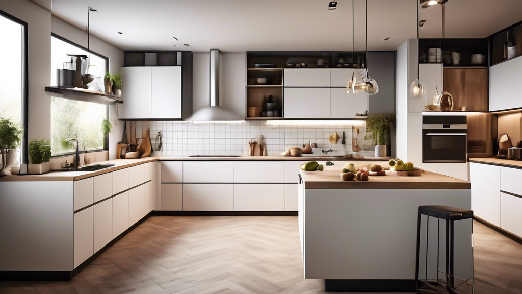 Create an image of a sleek, modern kitchen filled with stylish gadgets that cater to design-loving cooks. Include high-end appliances, unique utensils, and innovative tools that enhance both functionality and aesthetic appeal. The image should evoke 