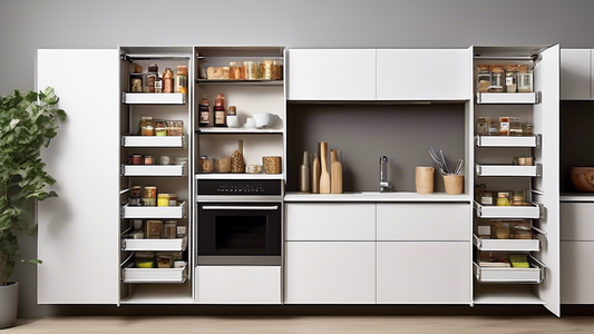 Create an image of a modern kitchen with adjustable shelving units in a pantry or cabinet, showcasing efficient organization and maximizing storage space. The shelves should be adjustable to demonstrate their flexibility in accommodating various kitc
