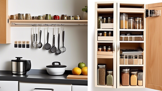 Create an image of a small kitchen with innovative storage solutions like magnetic spice jars attached to the refrigerator, under-cabinet organizers for pots and pans, and a pull-out pantry system maximizing space usage. Show how these clever storage