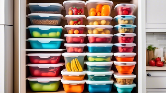 Create an image of a variety of colorful collapsible silicone food storage containers stacked neatly inside a kitchen pantry, showcasing their space-saving design and versatility in food storage.