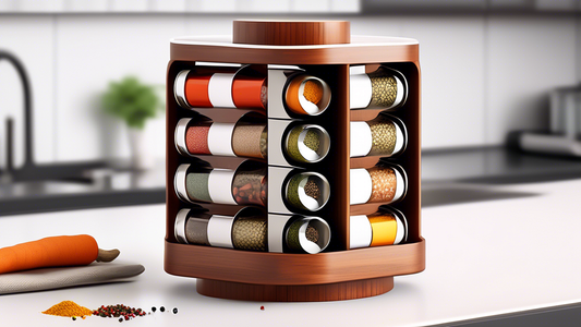 Create an image of a sleek and stylish revolving spice organizer with a durable construction. The organizer should have a modern design with multiple compartments for storing various spices, highlighting its convenience and utility. The image should 