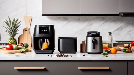 Create an image of a sleek and modern kitchen counter filled with a variety of versatile kitchen appliances such as a multi-functional air fryer, a high-tech blender, a smart sous vide machine, a stylish espresso machine, and a compact food processor