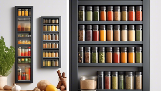 Create an image of a compact and efficient spice storage solution that maximizes vertical space in a kitchen, showcasing a creative and practical way to organize various spices in a limited area.