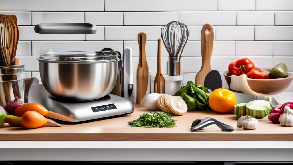 Create an image of a stylish and organized modern kitchen counter with essential and top-rated kitchen tools for healthy cooking. The tools should include a high-quality chef's knife, cutting board, measuring cups and spoons, a vegetable spiralizer, 