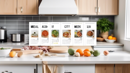 Create an image of a well-organized kitchen with labeled cabinets for easy access, a timer indicating a short cooking time on the stove, a meal prep station with pre-cut ingredients, and a calendar with scheduled meal plans for the week.