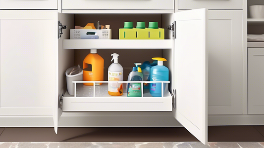 Create an image of a clever under-sink storage solution showcasing innovative ways to organize and maximize space, incorporating elements like pull-out drawers, hanging baskets, labeled bins, and adjustable shelves to keep cleaning supplies and house