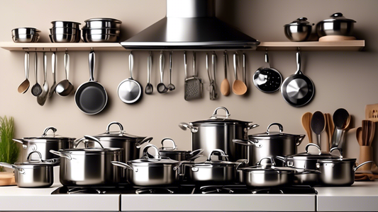 Create an image of a modern kitchen with a variety of stainless steel cookware sets displayed neatly on a counter, showcasing different pot sizes and pan shapes. Include a sleek stainless steel stove in the background and various cooking utensils suc