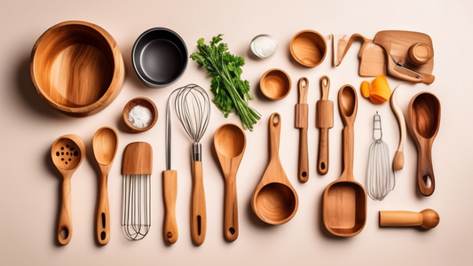 Please generate an image of a diverse set of essential kitchen utensils for beginners. Include items such as a chef's knife, cutting board, measuring cups, wooden spoons, whisk, spatula, and a mixing bowl. Make the image visually appealing and inform