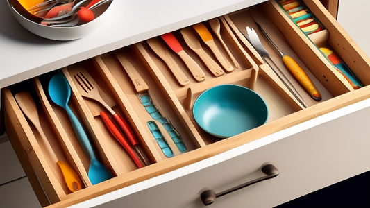Create an image of a well-organized kitchen utensil drawer with bamboo drawer dividers showcasing various kitchen tools neatly separated and easily accessible.