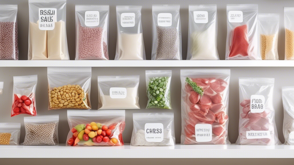 Create an image of a variety of vacuum-sealed food storage bags lined up neatly on a kitchen counter, showcasing different sizes, shapes, and features. The bags should be in clear view, with labels indicating their capacity, material, and any special