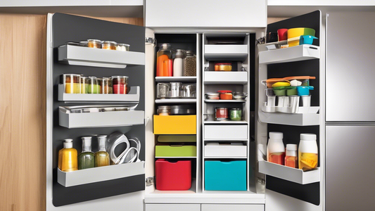 Create an image of a kitchen cabinet that has been cleverly organized to maximize space efficiency. Include features like pull-out shelves, hanging racks, stackable containers, and other innovative storage solutions. Show how these organization tools