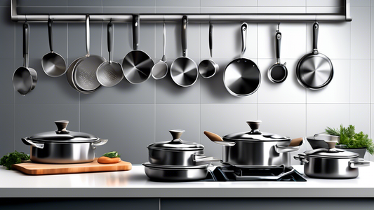 Create an image of a sleek and modern kitchen interior with a stainless steel cookware set neatly arranged on a countertop or hanging from a pot rack, showcasing various pots, pans, and utensils. The image should convey a sense of sophistication and 