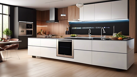 Create an image of a futuristic kitchen with a variety of innovative kitchen tools and gadgets that inspire cooking creativity. Show a sleek countertop with a cutting-edge induction cooktop, a smart oven with digital displays, a high-tech blender, a 