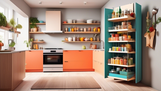 Create an image of a modern kitchen with innovative storage solutions such as pull-out pantry shelves, hidden cabinet organizers, and vertical storage racks to inspire and showcase smart storage ideas for a tidy and organized space.