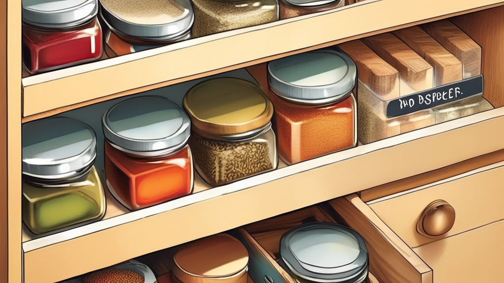 Create an image of a compact spice drawer with clever organization tips for small spaces, such as using labeled jars, drawer dividers, magnetic strips, tiered shelving, and custom spice racks. Show how these strategies help maximize storage and keep 