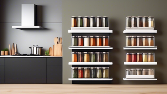 Create an image of a modern kitchen with sleek and stylish stackable spice racks, neatly organized and space-saving. The spice racks should feature a contemporary design that seamlessly blends with the kitchen decor, showcasing a practical and visual