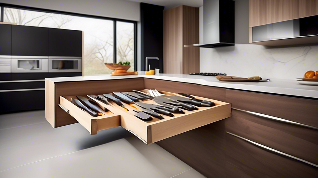 Create an image of a modern kitchen with innovative and efficient knife storage solutions. Show a sleek and organized set-up that features magnetic strips, pull-out drawers, or other creative designs to store and display knives in a stylish and pract