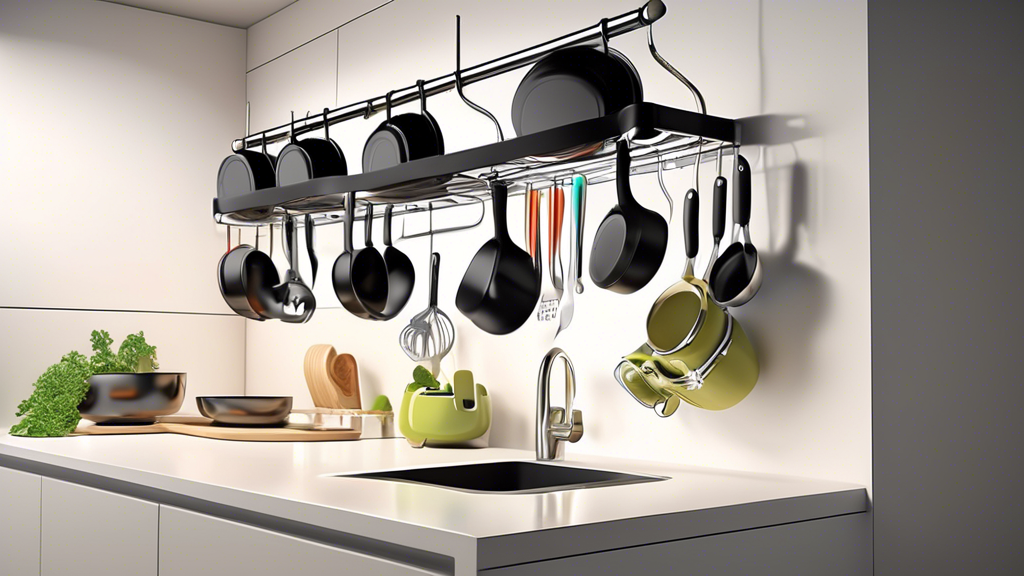 Create an image of a modern kitchen with a sleek and organized compact pot and pan organizer rack, showcasing the efficient use of space and easy access to kitchen essentials. The rack should be neatly holding various pots, pans, and lids in a tidy a