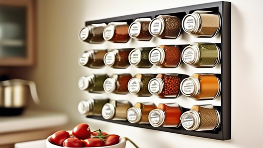 Create an image of a creatively designed spice rack that maximizes space in a small kitchen. The spice rack should be compact, utilizing vertical or wall-mounted storage solutions to efficiently organize a variety of spices in a limited space. Showca