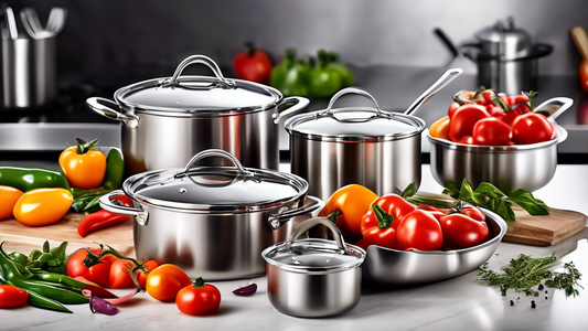 Create an image of a modern, sleek stainless steel cookware set arranged on a kitchen counter, with an assortment of vibrant, fresh ingredients nearby such as tomatoes, peppers, and herbs. The cookware should be shining and reflective, showcasing its