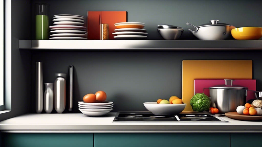 Create an image of a modern kitchen with sleek stainless steel shelf racks filled with various kitchen items such as plates, glasses, spices, and cookbooks. The shelves are stylishly designed with a minimalist aesthetic, showcasing both their practic