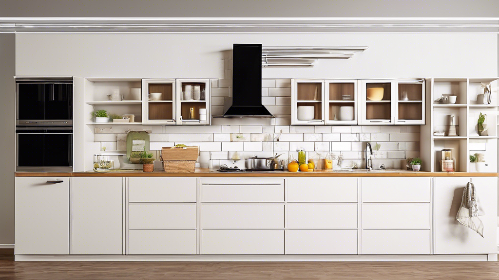 Create an image of a modern kitchen with adjustable cabinet shelving showcasing various configurations and storage solutions. The image should include different sizes and styles of shelves within the cabinet, demonstrating the versatility and organiz