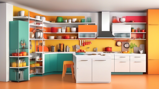Create an image of a kitchen with innovative space-saving cabinet storage solutions, such as pull-out shelves, vertical storage racks, and corner cabinet organizers, showcasing efficiency and functionality in a compact kitchen layout.