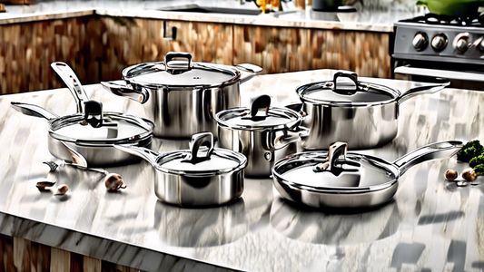 Create an image of a stylish and compact set of stainless steel cookware specifically designed for small kitchens. The cookware should include a variety of pots, pans, and utensils that are both functional and space-saving, perfect for urban apartmen