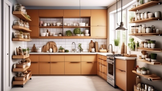 Create an image of a small kitchen with clever storage solutions, such as magnetic spice jars on the fridge, hanging pot racks, stackable shelves, and multipurpose furniture like a kitchen island with hidden storage compartments. Show a space-saving 