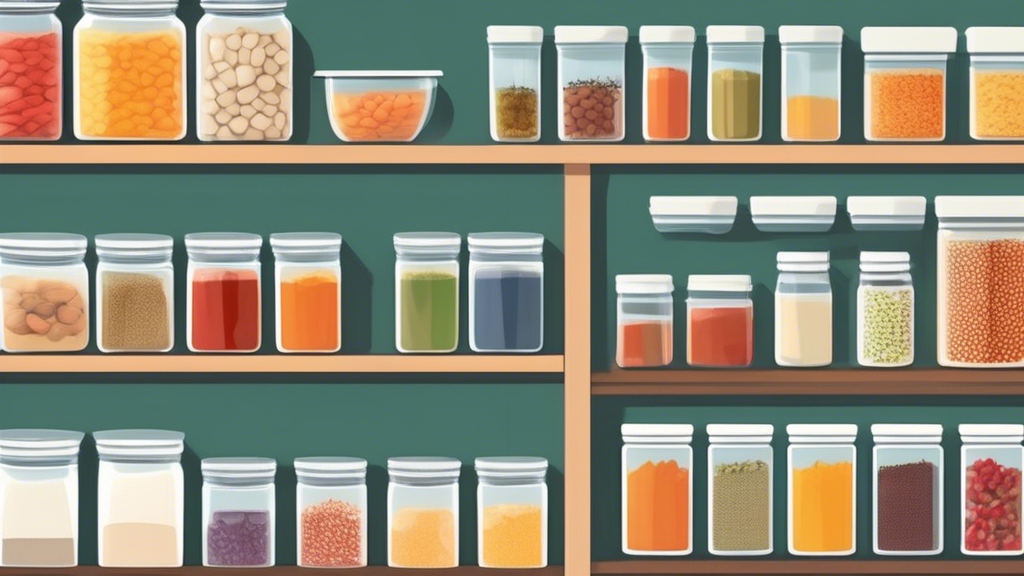 Create an image of a well-organized pantry with labeled shelves and containers, showcasing efficient storage solutions such as stackable bins, clear jars, and a rotating spice rack. Each item is neatly arranged and easily accessible, demonstrating ke