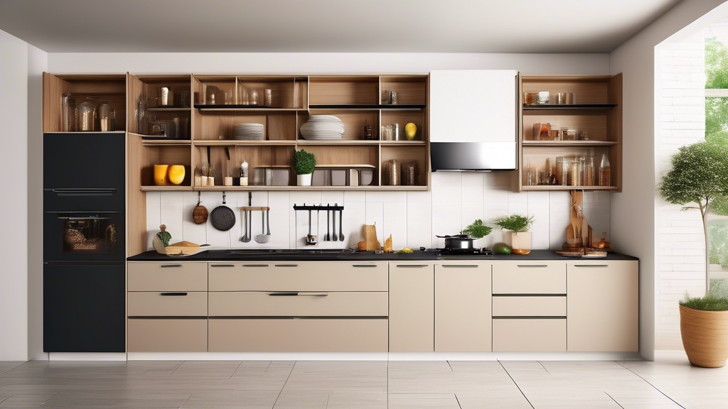 Create an image of a modern, sleek modular kitchen with innovative storage solutions catering to home chefs. Show examples such as pull-out spice racks, drawer dividers for utensils, hanging pot racks, adjustable shelving, and built-in pantry organiz