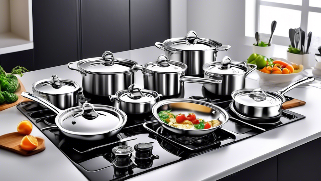 Create an image of a modern kitchen scene showcasing the top 7 stainless steel cookware sets with unique strainer lids. Each cookware set should be displayed in an organized and aesthetically pleasing manner, highlighting the design and functionality