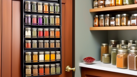 Create an image of a beautifully organized pantry door rack filled with jars of colorful spices and herbs. The rack should be sleek and space-saving, showcasing a variety of different sizes of spice containers neatly arranged in a visually appealing 